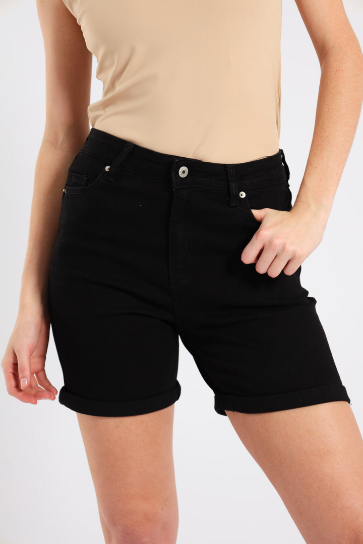 Classic Roll Hem Mid Thigh Supersoft Denim Short - Black