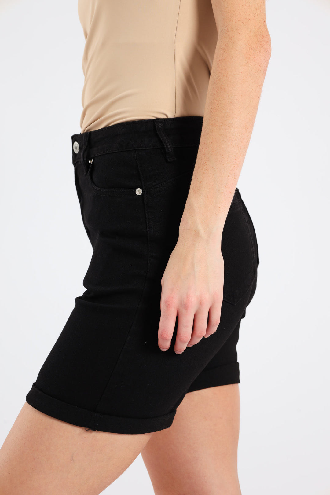 Classic Roll Hem Mid Thigh Supersoft Denim Short - Black