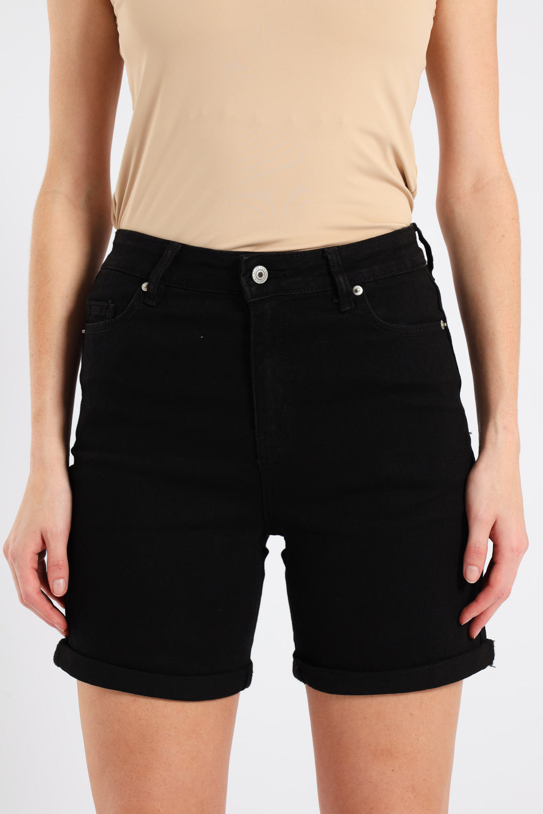 Classic Roll Hem Mid Thigh Supersoft Denim Short - Black