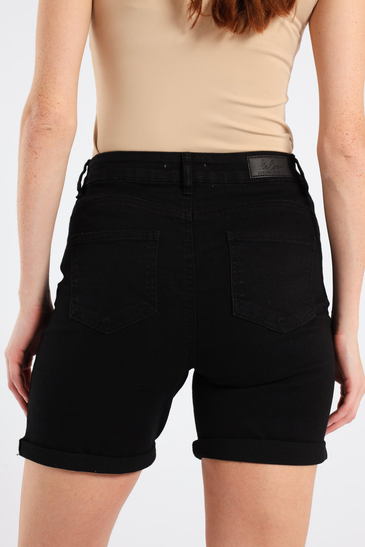 Classic Roll Hem Mid Thigh Supersoft Denim Short - Black
