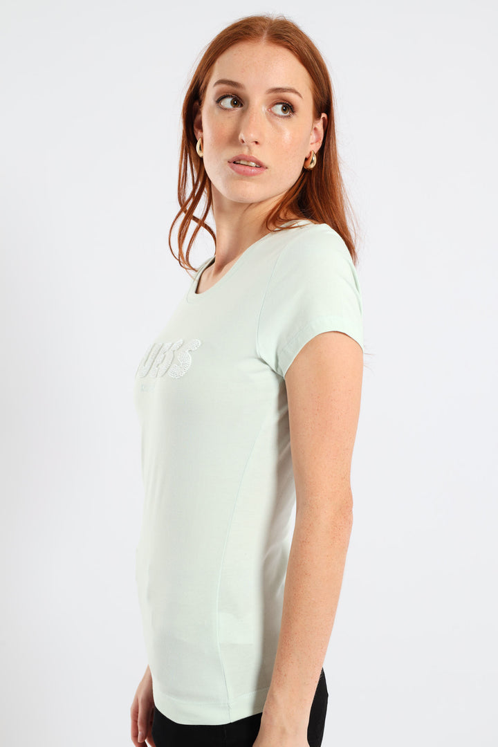 Short Sleeve Logo String Pearl Beads Tee - Teal
