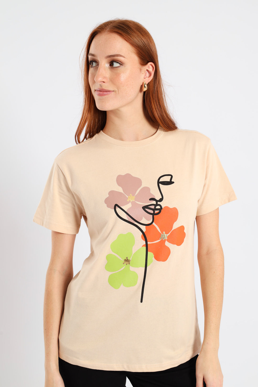 Three Flower Line Face Foil Regular Tee - Wheat