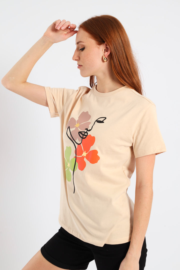 Three Flower Line Face Foil Regular Tee - Wheat