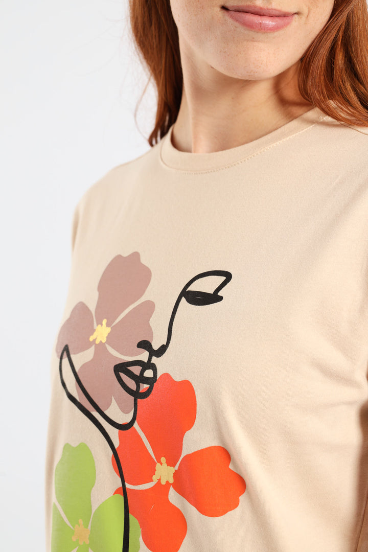 Three Flower Line Face Foil Regular Tee - Wheat