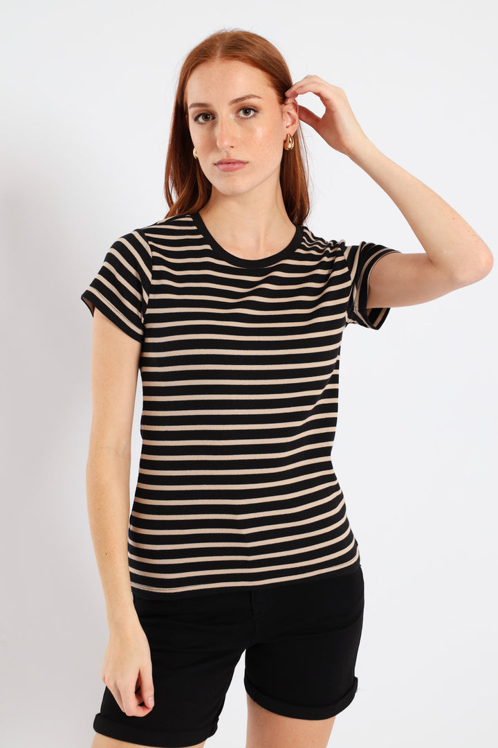Short Sleeve Rib Fitted Stripe Tee - Black/Beige