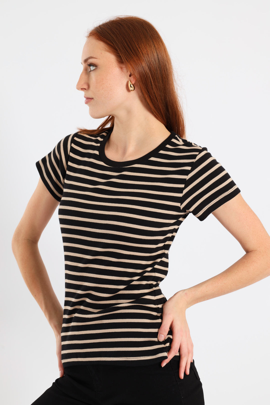 Short Sleeve Rib Fitted Stripe Tee - Black/Beige