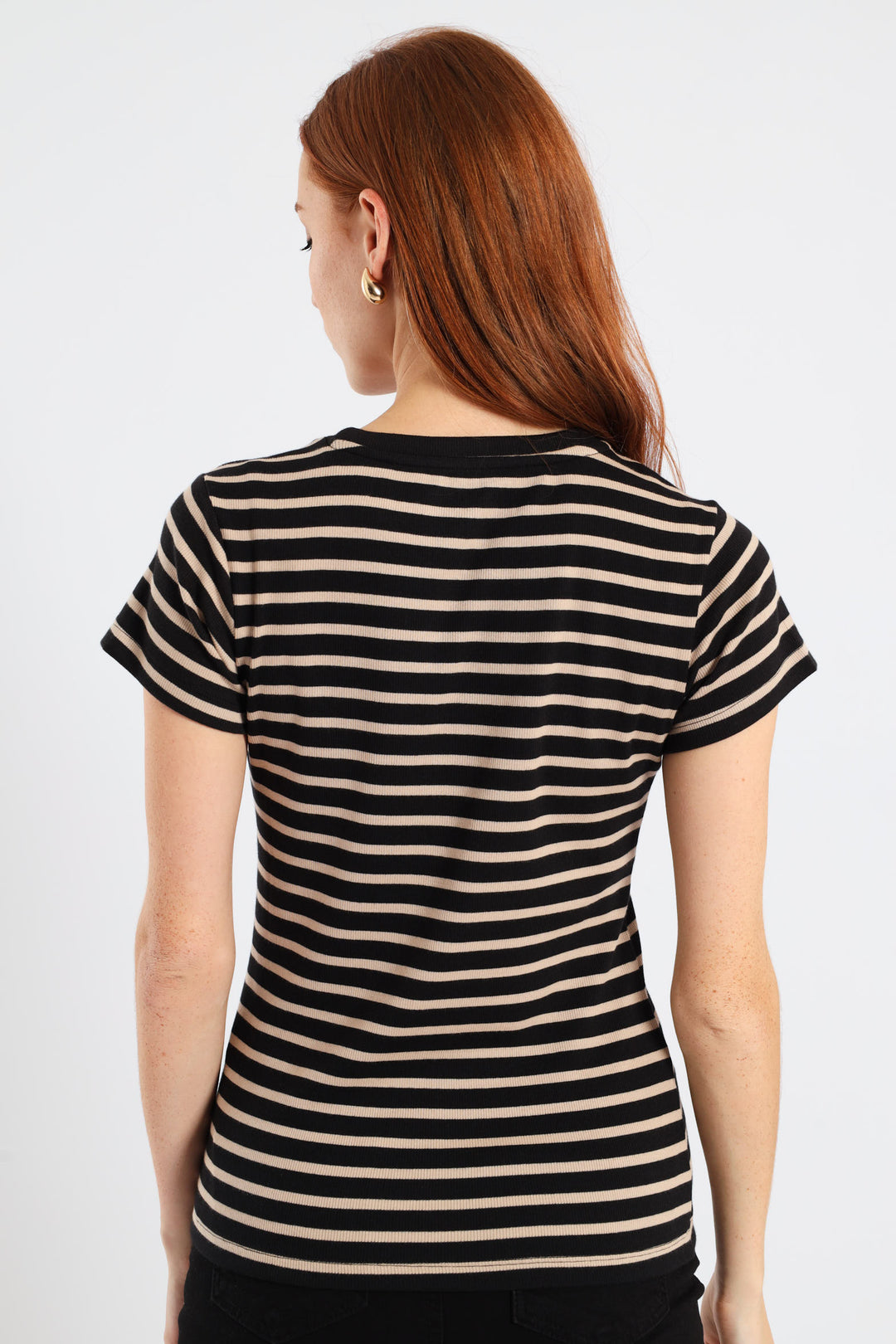 Short Sleeve Rib Fitted Stripe Tee - Black/Beige