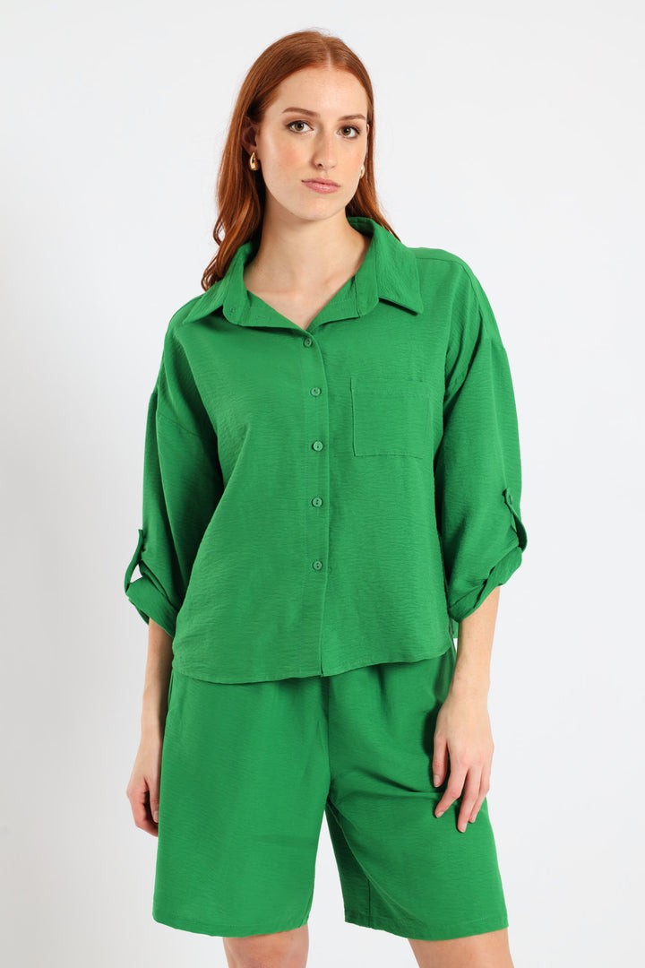 Tab & Button Detail 3/4 Sleeve Relaxed Shirt - Emerald
