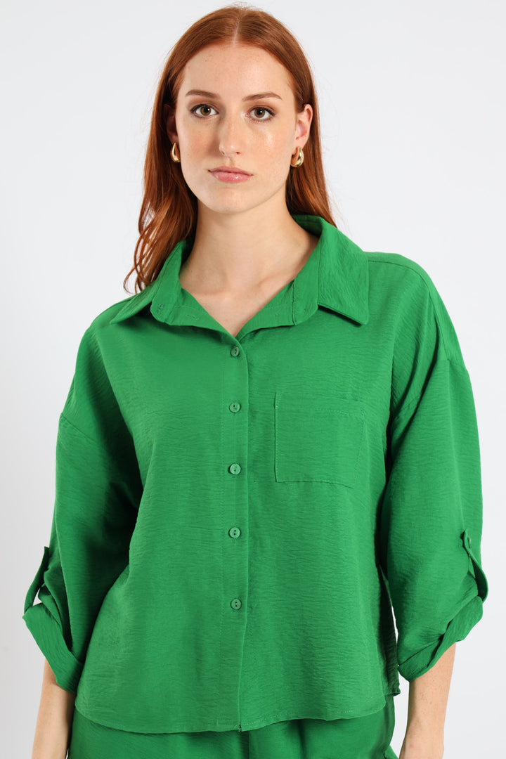 Tab & Button Detail 3/4 Sleeve Relaxed Shirt - Emerald