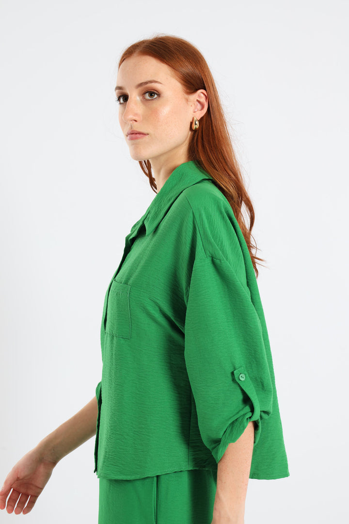 Tab & Button Detail 3/4 Sleeve Relaxed Shirt - Emerald