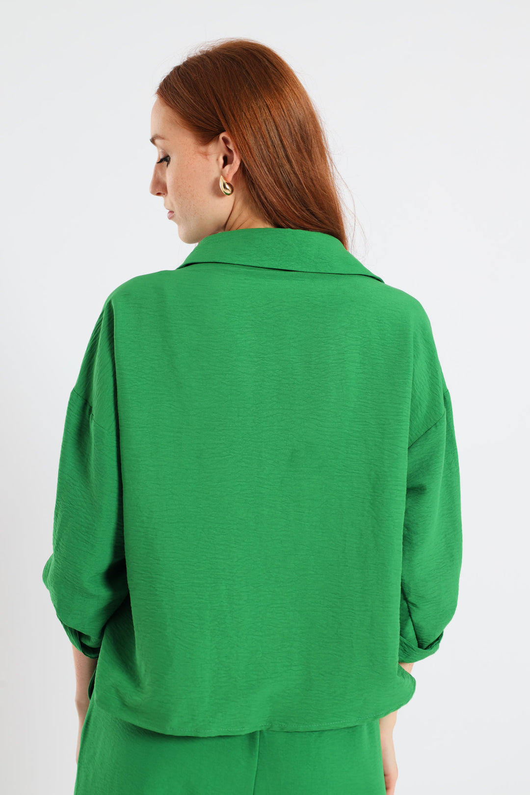 Tab & Button Detail 3/4 Sleeve Relaxed Shirt - Emerald
