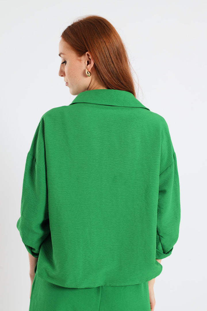 Tab & Button Detail 3/4 Sleeve Relaxed Shirt - Emerald