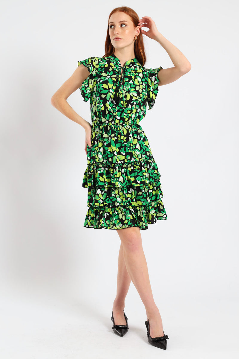 Frilly Waisted Leaf Print Mini Dress - Multi