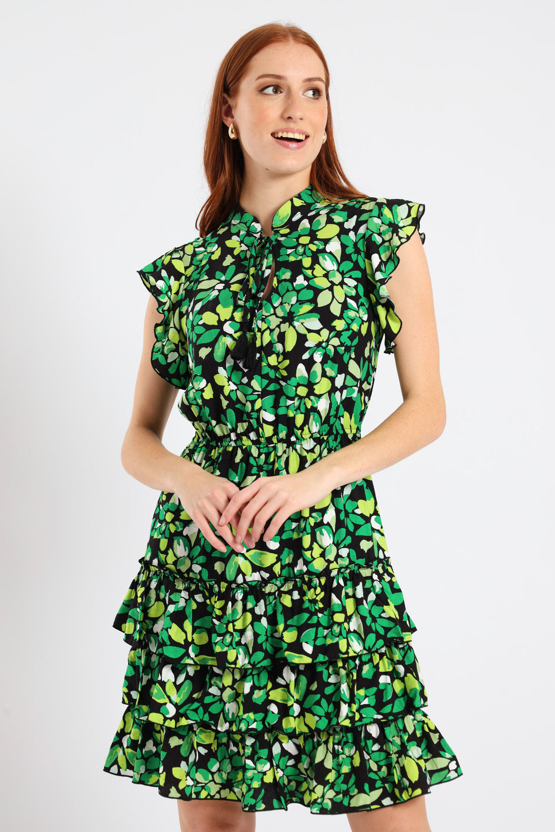 Frilly Waisted Leaf Print Mini Dress - Multi