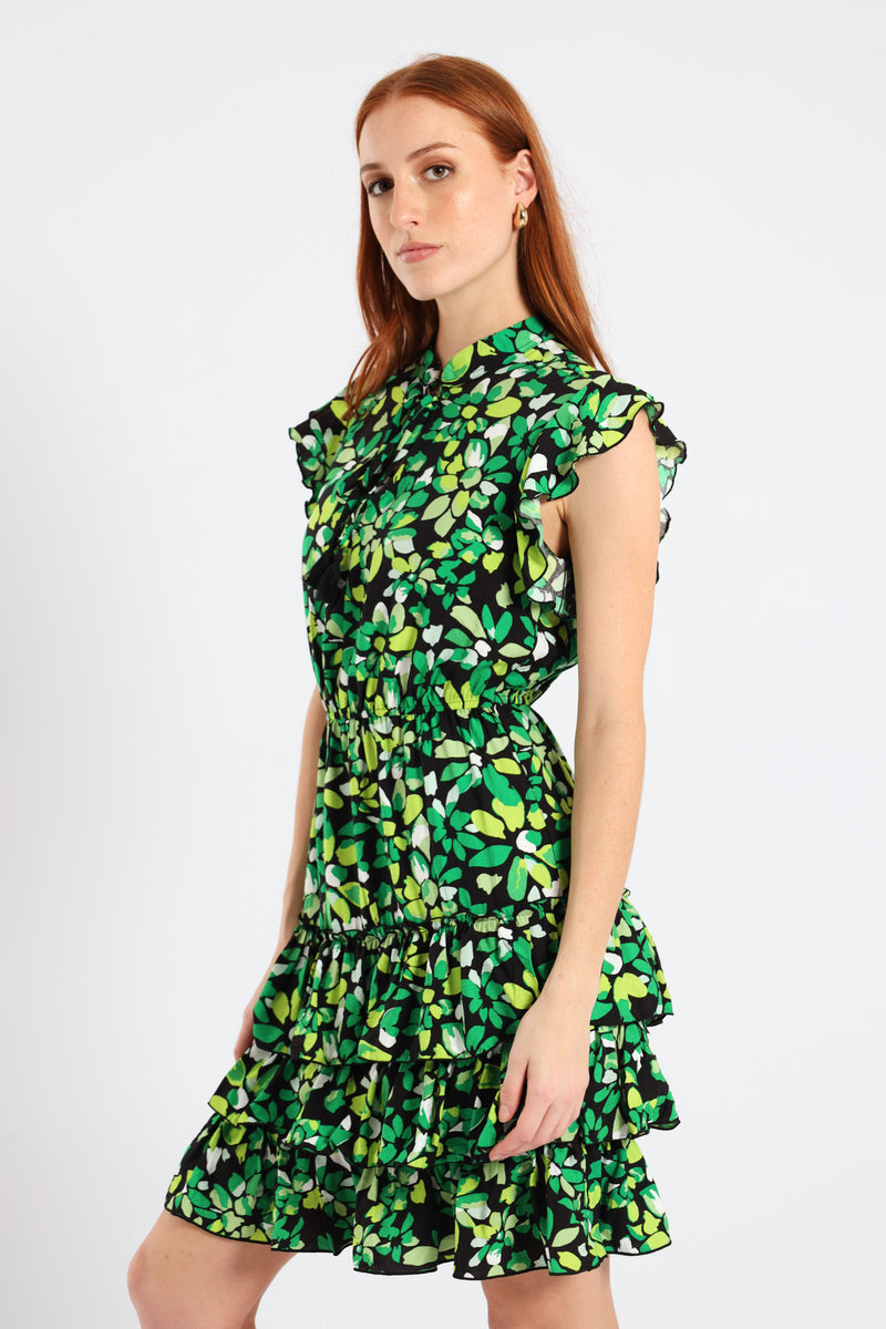 Frilly Waisted Leaf Print Mini Dress - Multi