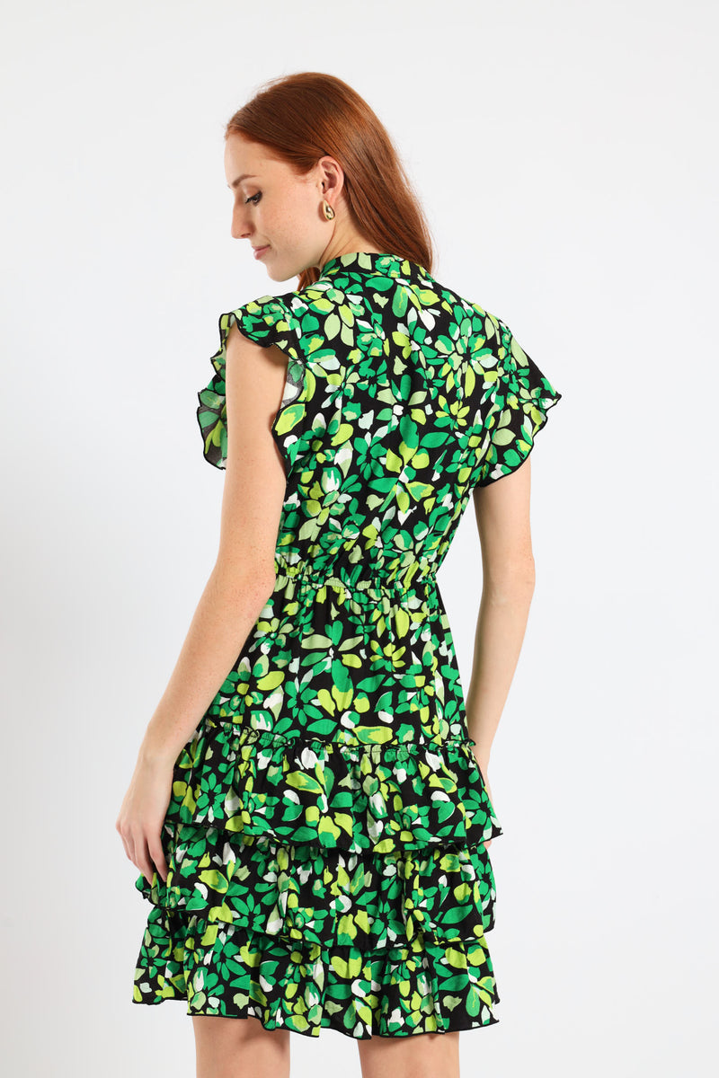 Frilly Waisted Leaf Print Mini Dress - Multi