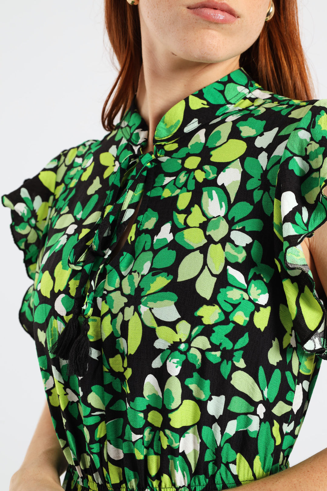 Frilly Waisted Leaf Print Mini Dress - Multi