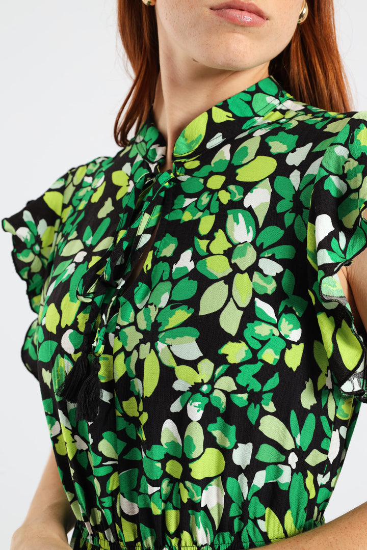 Frilly Waisted Leaf Print Mini Dress - Multi