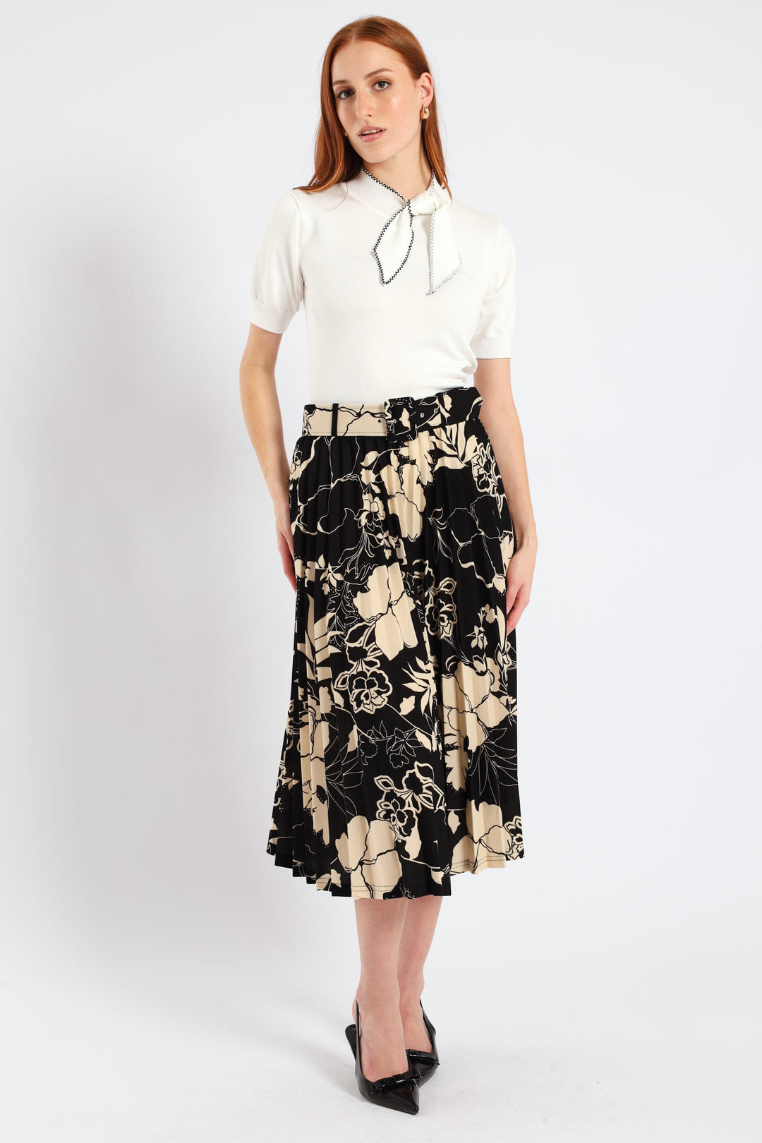 Floral Pleated Midi Skirt - Black/Cream