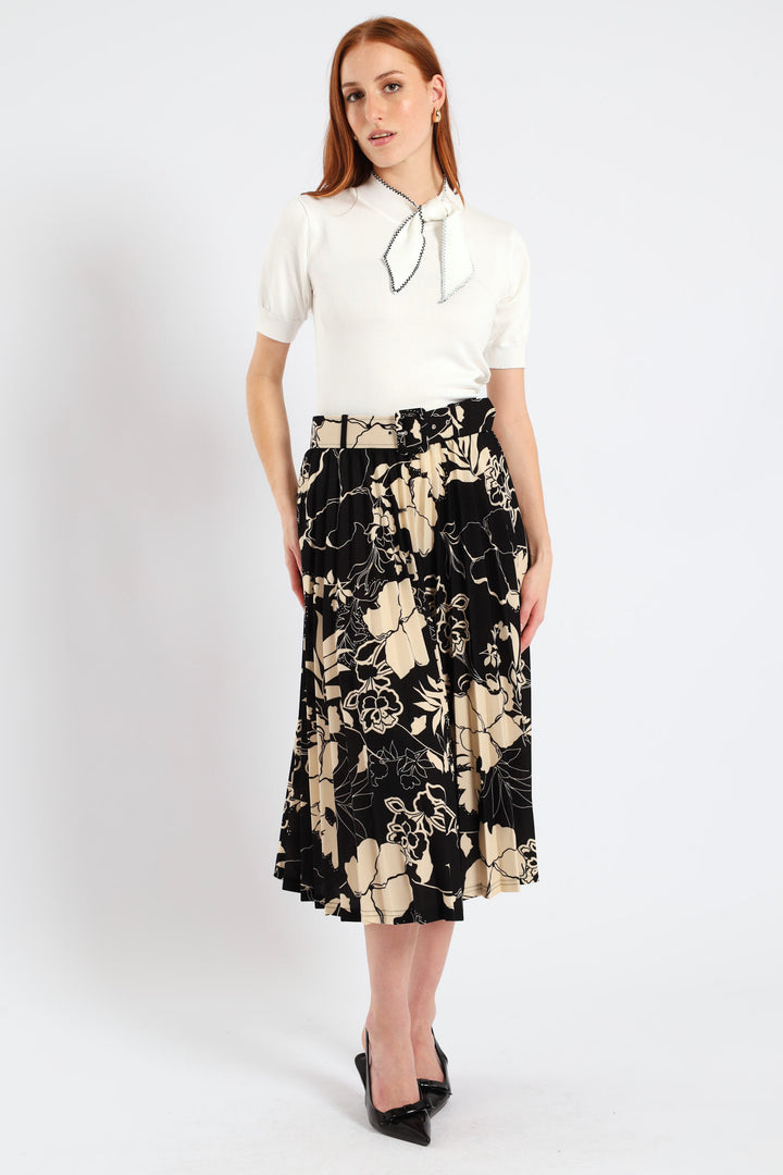 Floral Pleated Midi Skirt - Black/Cream