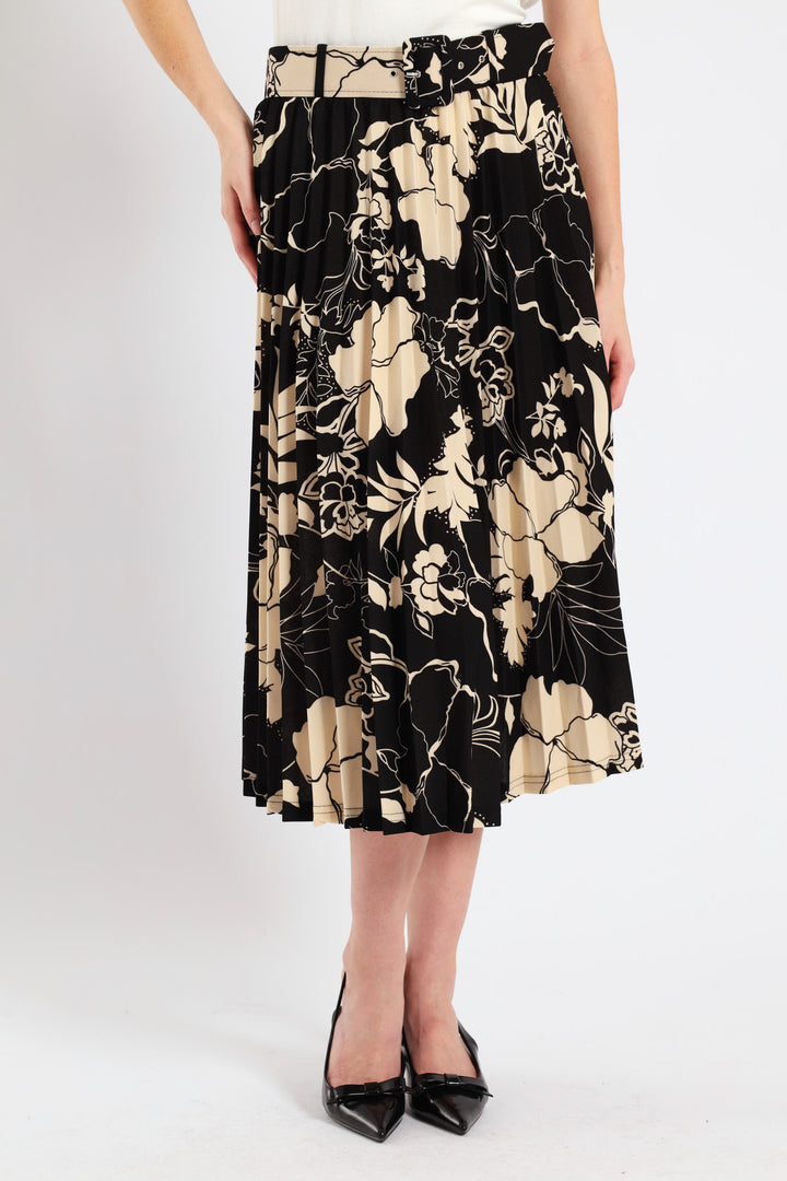 Floral Pleated Midi Skirt - Black/Cream
