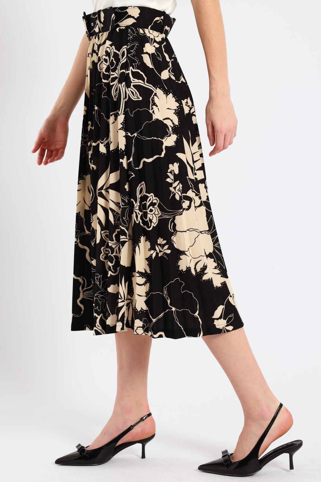 Floral Pleated Midi Skirt - Black/Cream