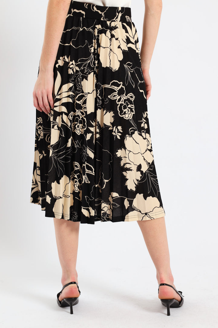 Floral Pleated Midi Skirt - Black/Cream