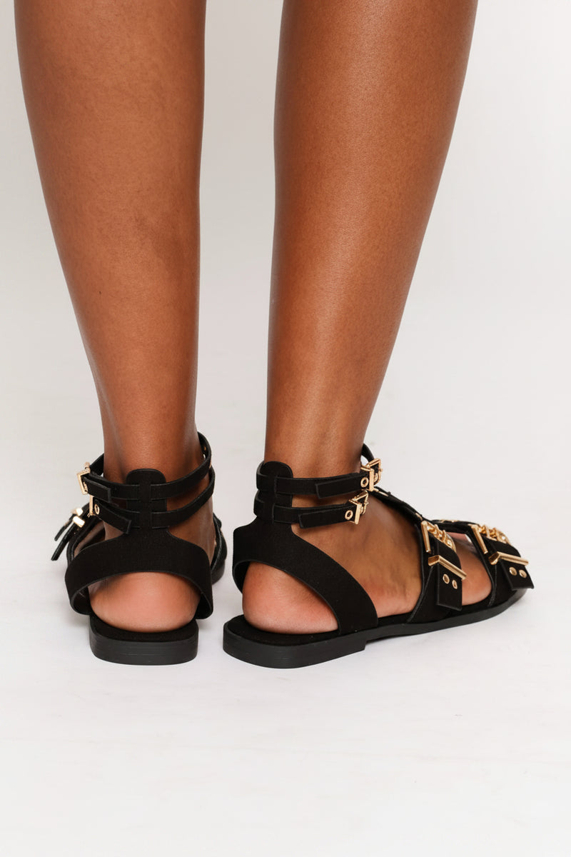 Buckle & Stud Detail Multistrap Sandal - Black