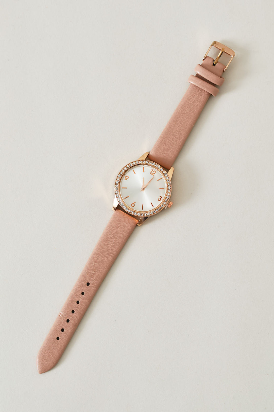 Faux Leather Strap Round Diamante Watch - Gold