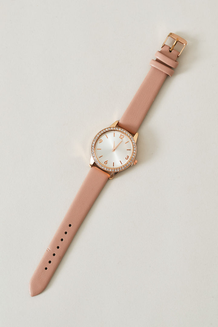 Faux Leather Strap Round Diamante Watch - Gold
