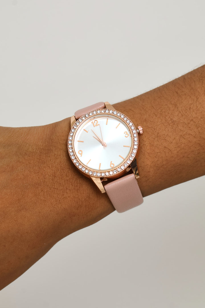 Faux Leather Strap Round Diamante Watch - Gold