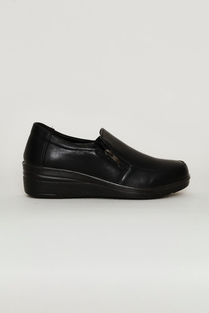 Zip Detail Closed Toe Wedge Heel - Black
