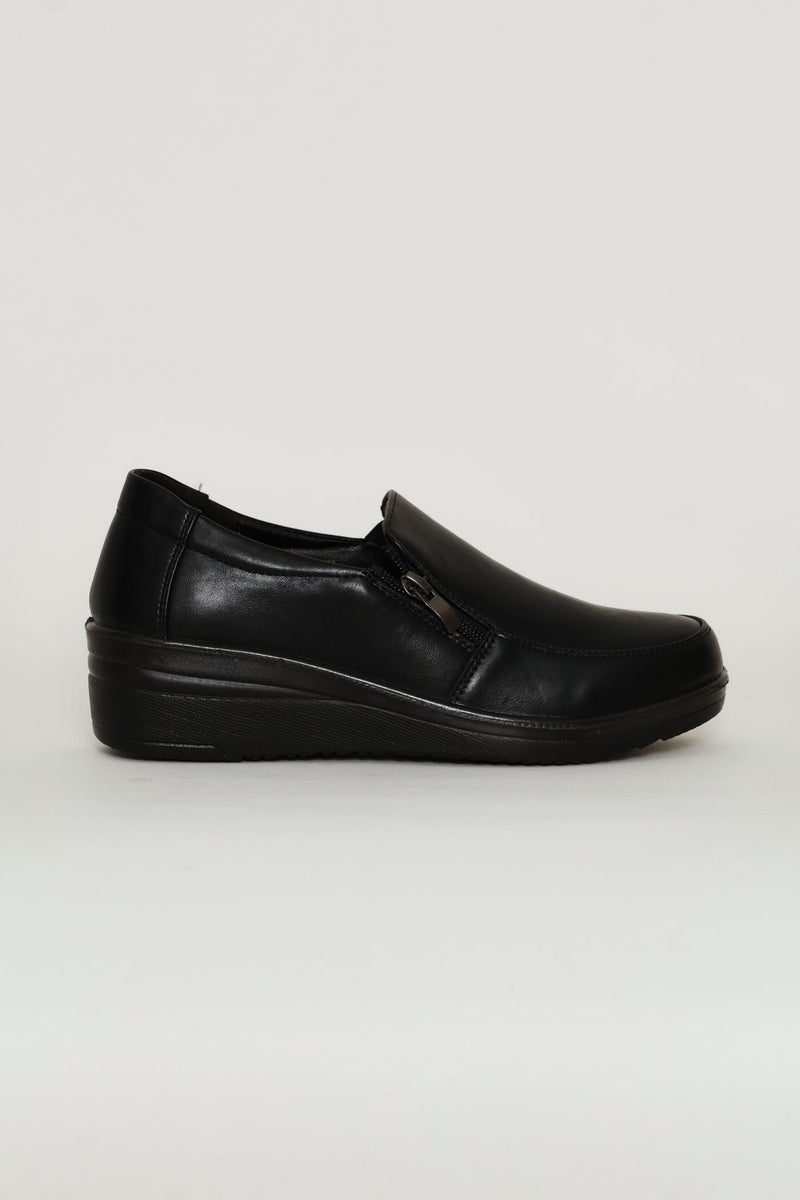 Zip Detail Closed Toe Wedge Heel - Black