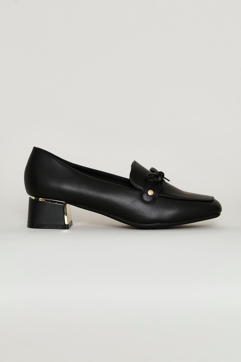 Gold Block Heel Detail Loafer - Black
