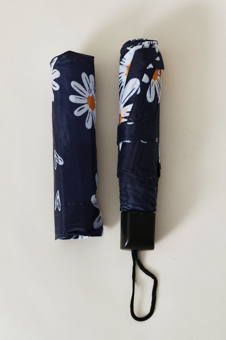 Mini 3 Fold Daisy Print Plastic Handle Umbrella - Blue