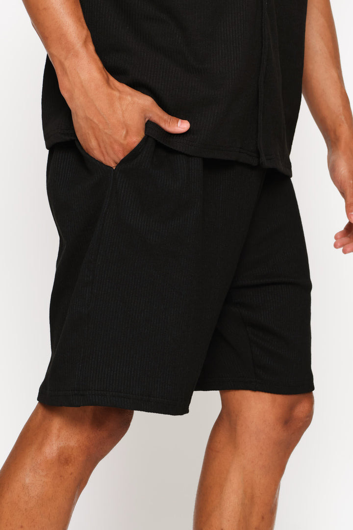 Textured Knit Shorts - Black