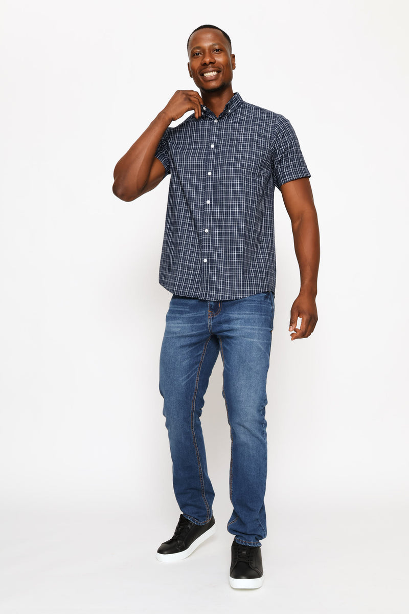 Short Sleeve Check Shirt - Navy/White