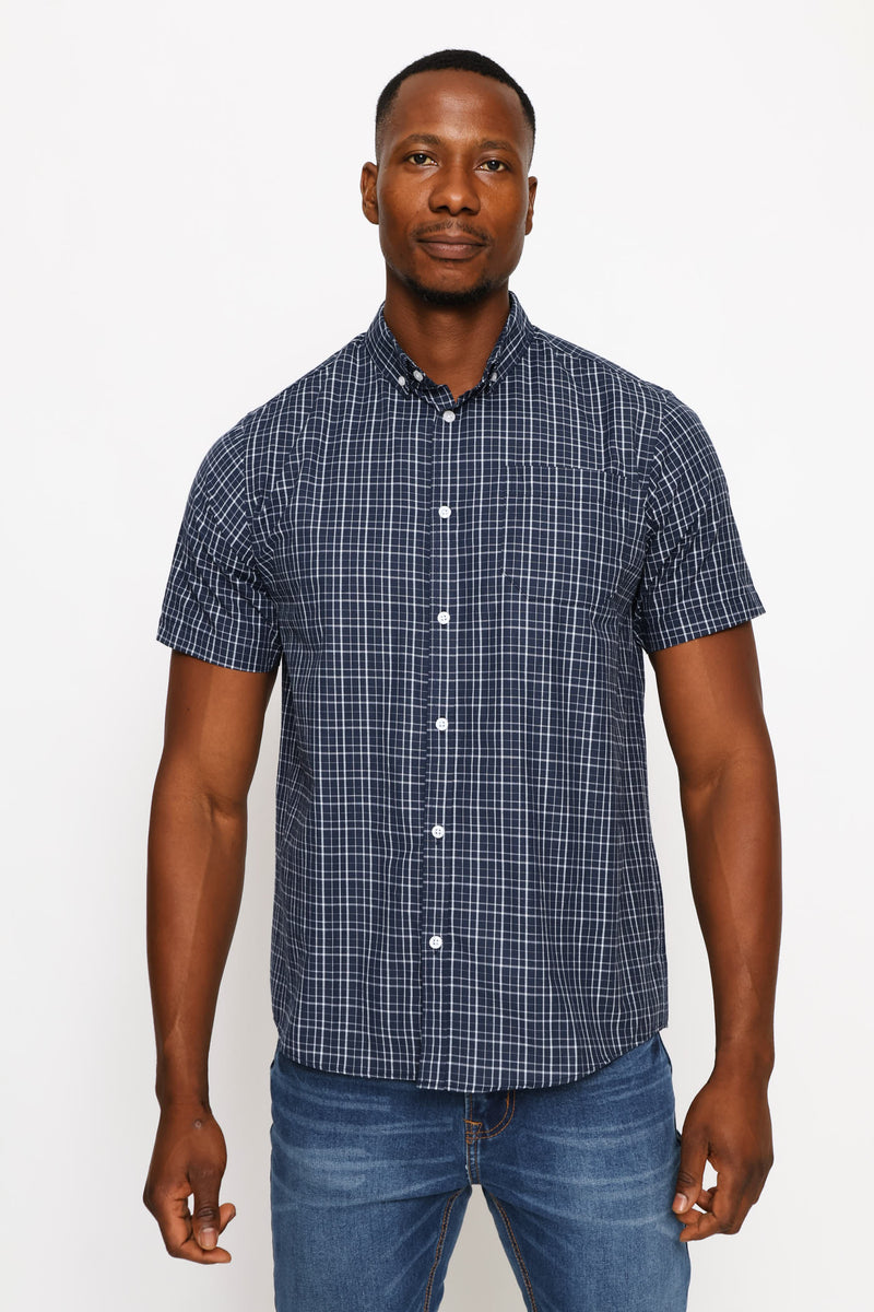 Short Sleeve Check Shirt - Navy/White