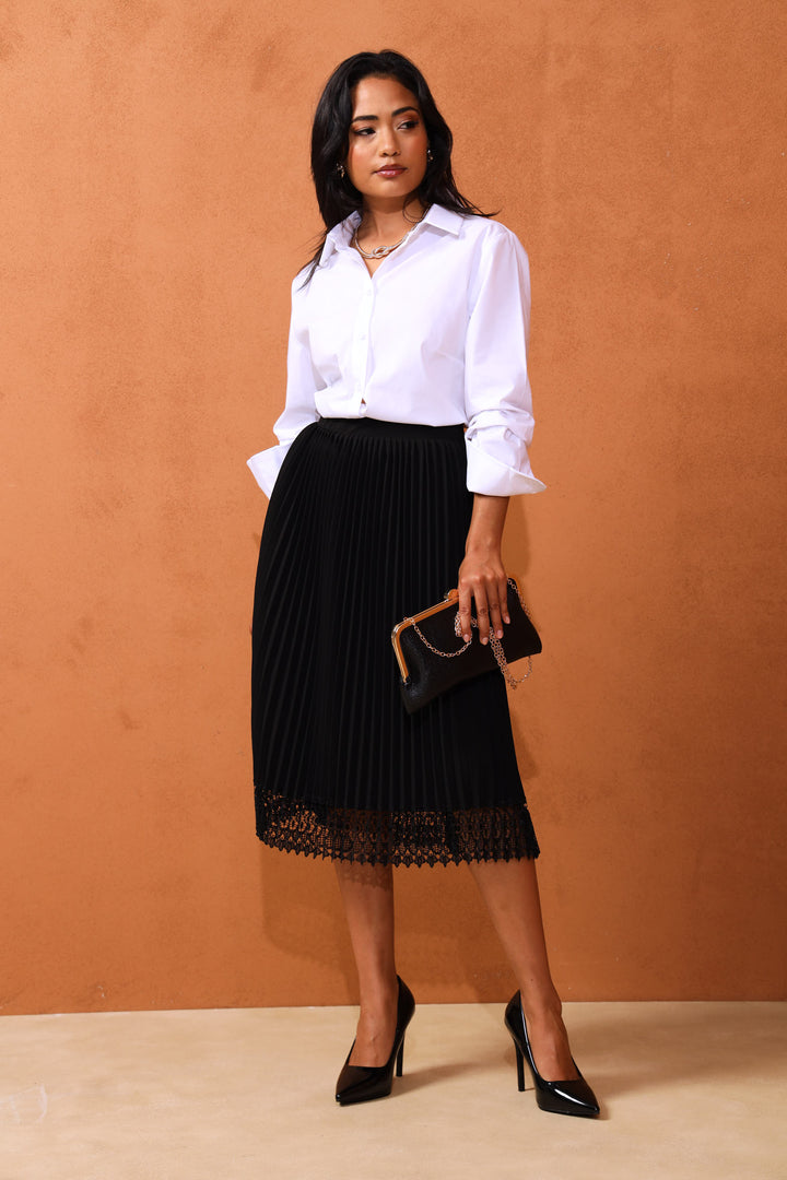 Lace Detail Pleated Midi Skirt - Black