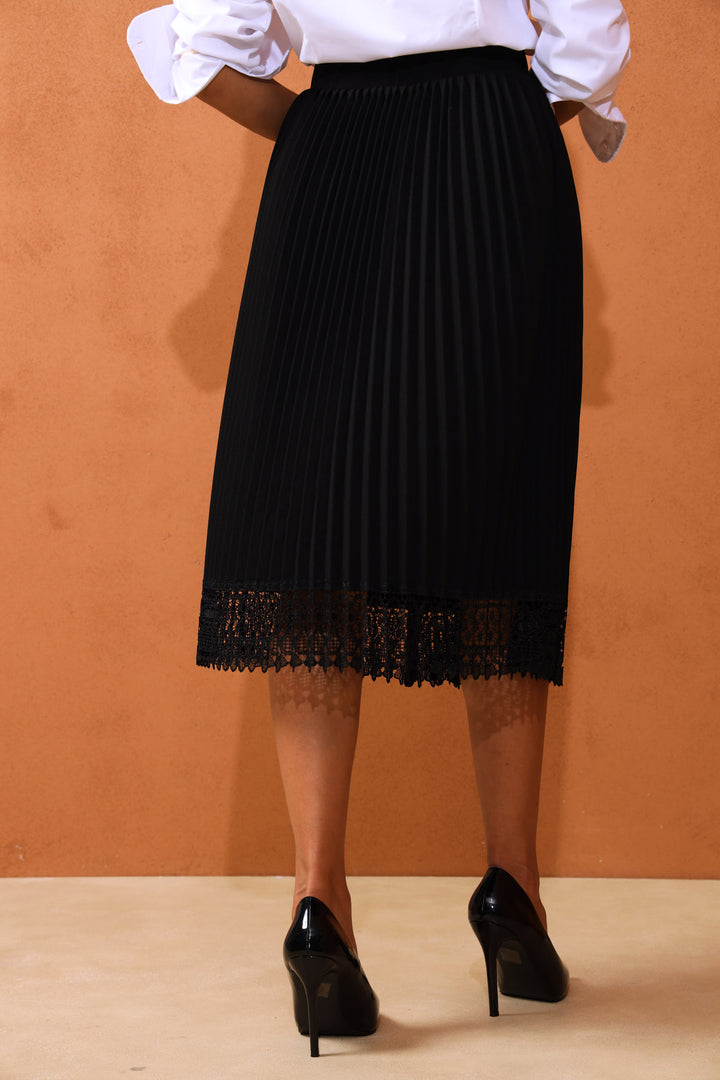 Lace Detail Pleated Midi Skirt - Black