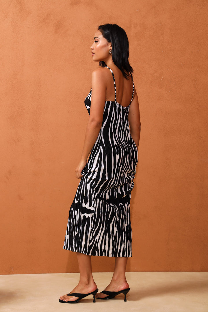 Strappy Plisse Midi Dress - Black/Cream