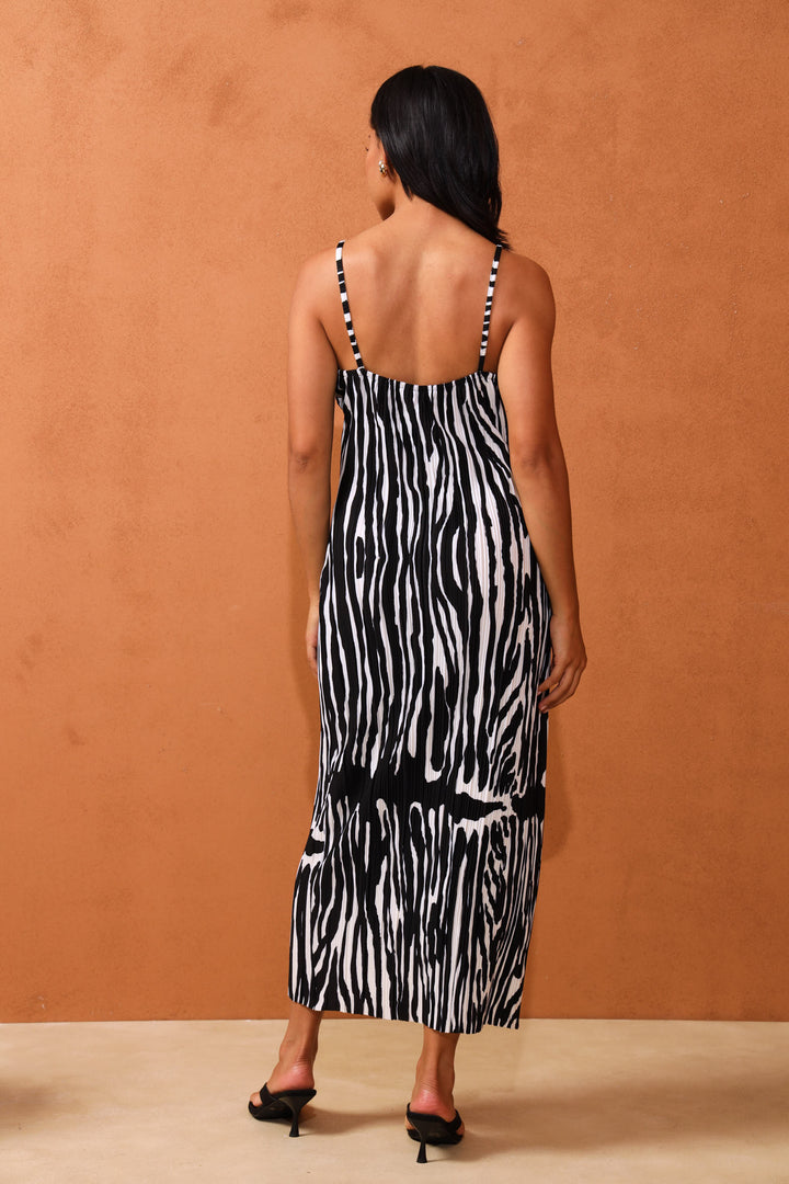 Strappy Plisse Midi Dress - Black/Cream