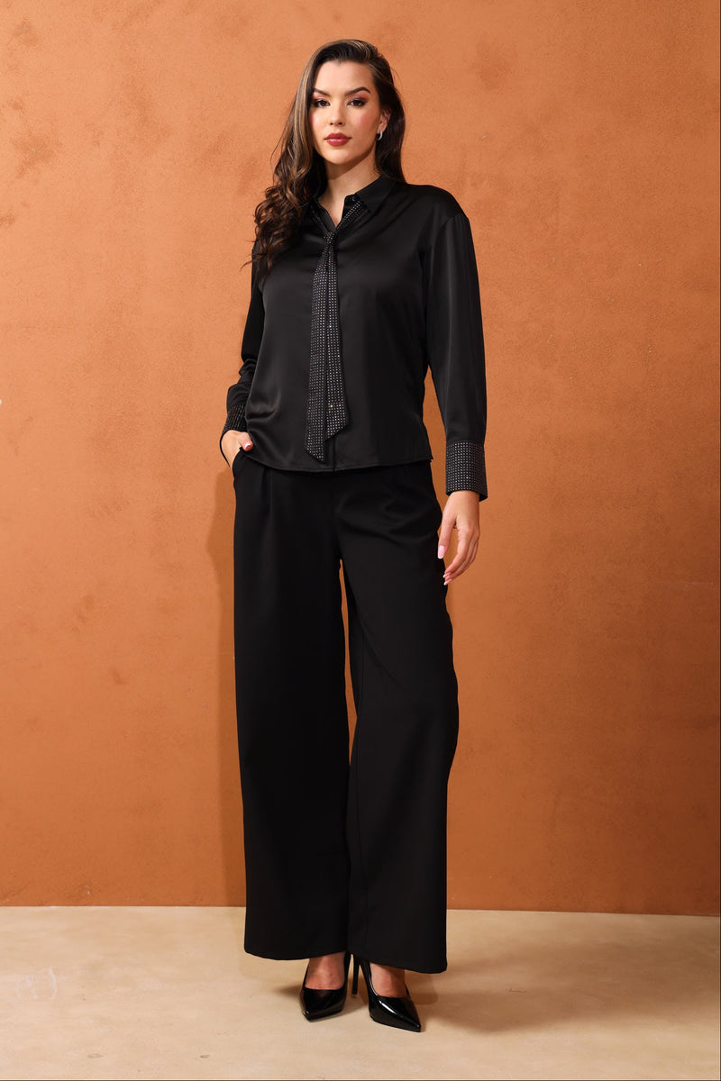 Inverted Pleat Wide Leg Pant - Black