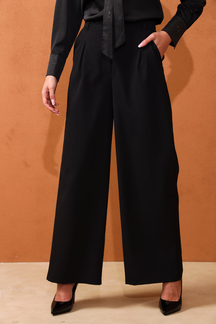 Inverted Pleat Wide Leg Pant - Black
