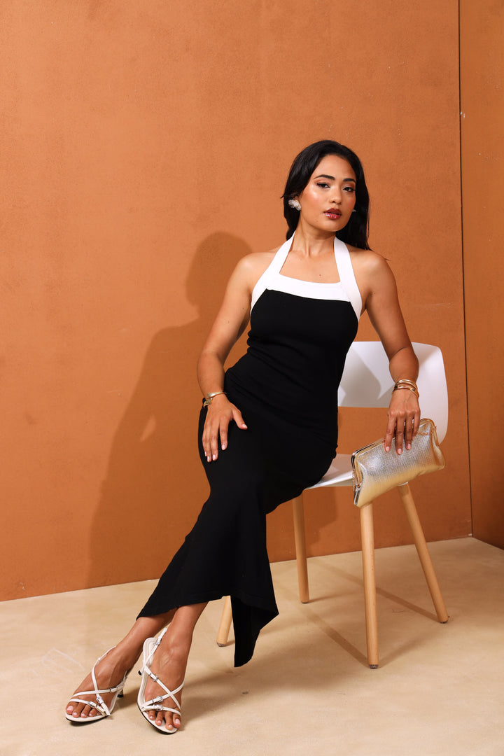Halter Contrast Knitwear Maxi Dress - Black/Cream