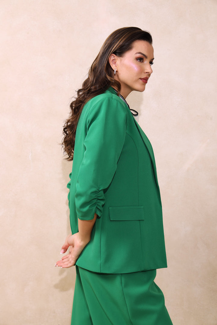 Pocket Flap Gauged Sleeve Blazer - Green