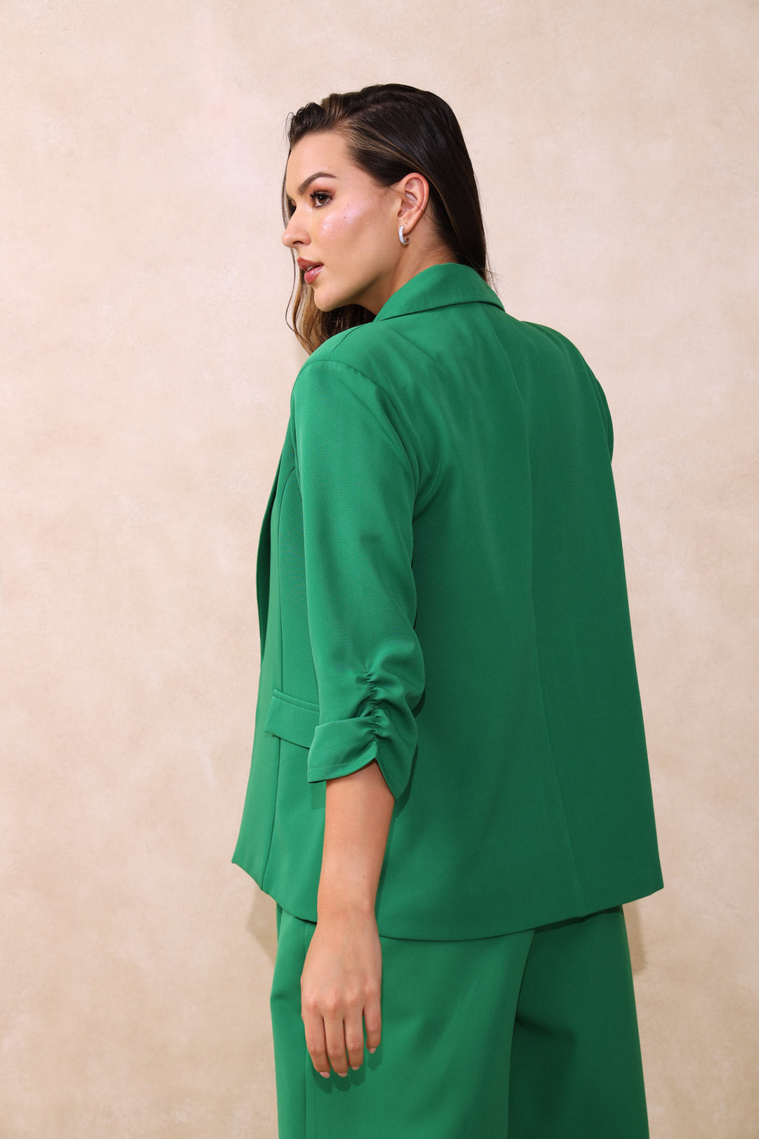 Pocket Flap Gauged Sleeve Blazer - Green