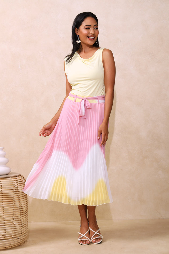 Abstract Colour Block Pleated Midi Skirt - Pink/White