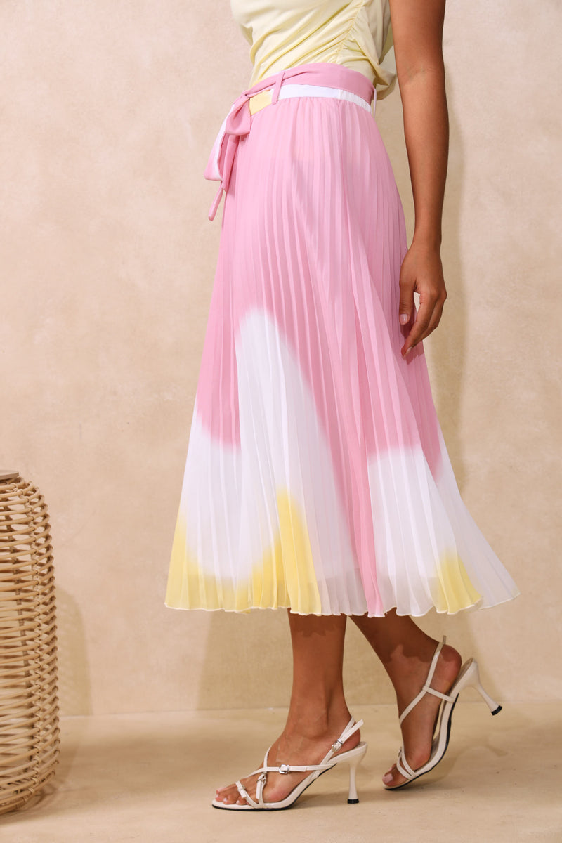 Abstract Colour Block Pleated Midi Skirt - Pink/White