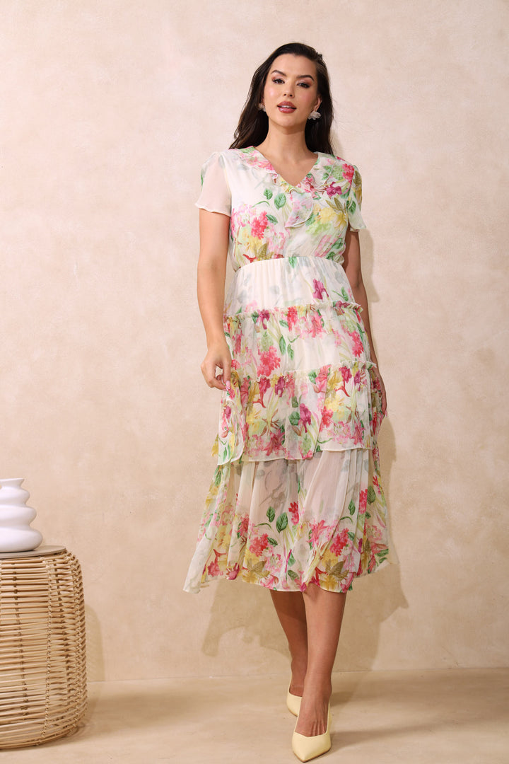 V-Neck Ruffle Tiered Maxi Dress - Multi